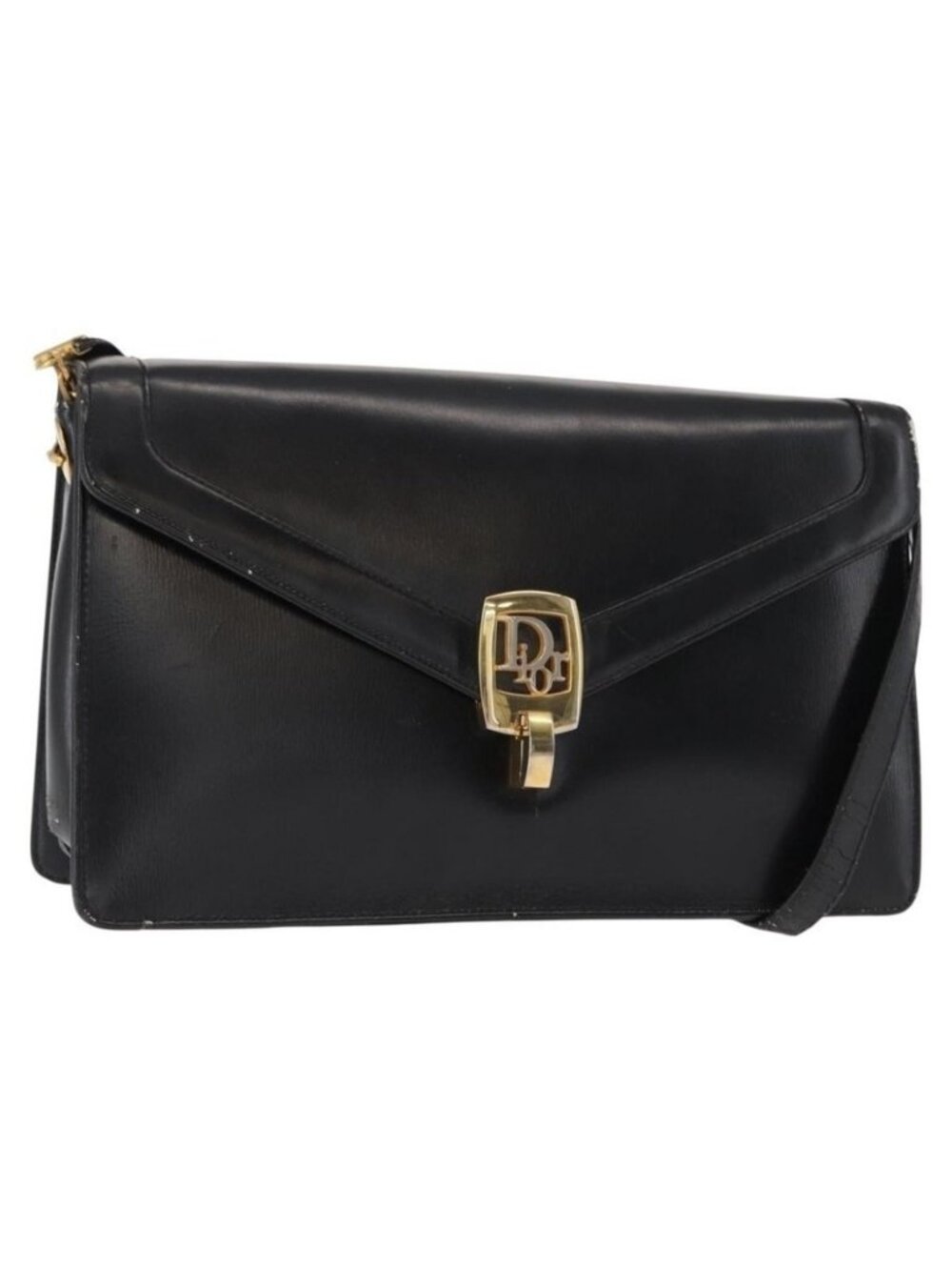 Authentic Christian Dior Shoulder Bag Leather Black Gold